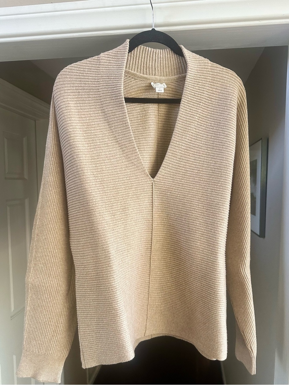 Anthropologie Maeve Plunge Neck Seamed Sweater Oatmeal XL
